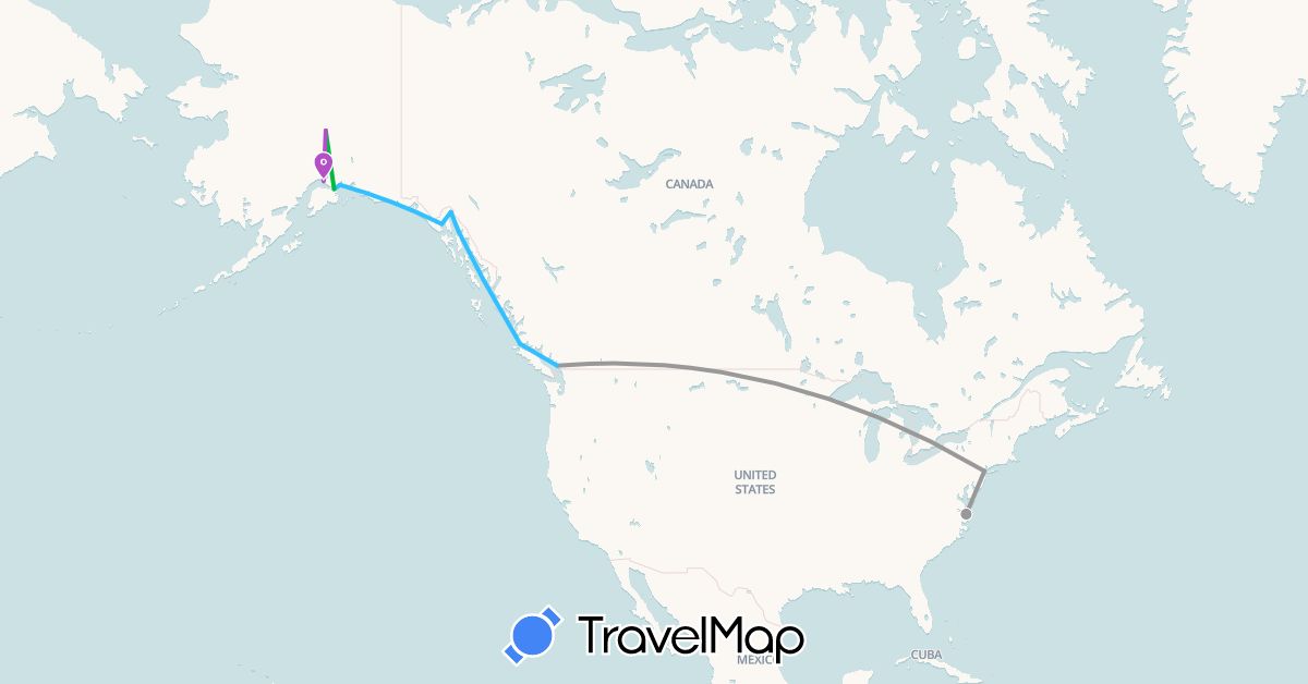 TravelMap itinerary: driving, bus, plane, train, boat in Canada, United States (North America)